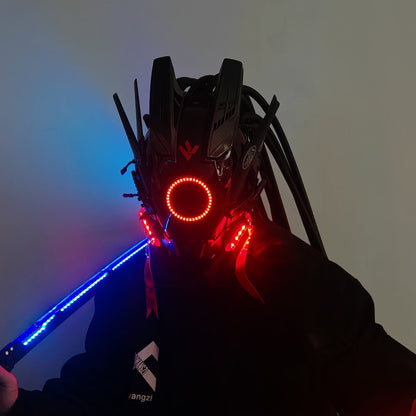 LED Cyberpunk Samurai Mask with Braids – Futuristic Sci-Fi Mechanical Face Mask for Halloween, Cosplay, Music Festival & Rave Party, Blue Green Pink, Free Helmet Included, Adult Gift