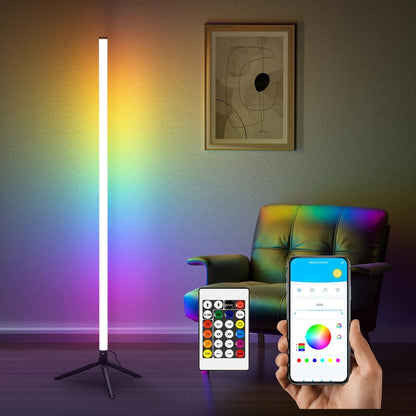 Three-Section Modular RGB Corner Floor Lamp with Triangular Metal Base, App, Remote, Music Sync and Timer Modes