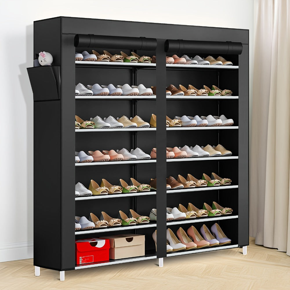 Shoe Rack 9-Tier Portable Double-Row Organizer for Up to 42 Pairs with Black Nonwoven Fabric Cover
