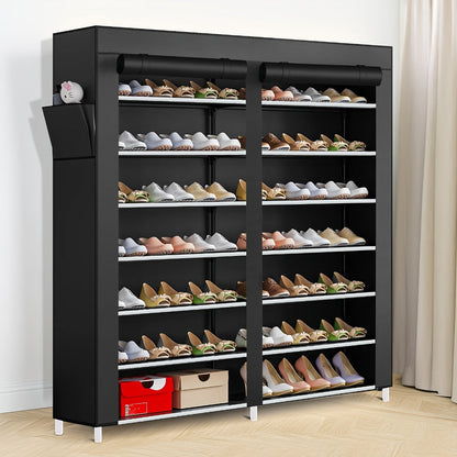 Shoe Rack 9-Tier Portable Double-Row Organizer for Up to 42 Pairs with Black Nonwoven Fabric Cover