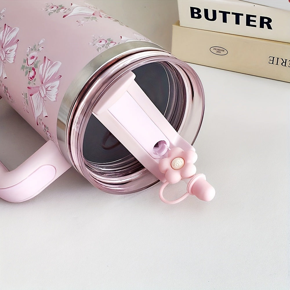 40oz Floral Handled Tumbler with Straw Lid in White, Pink, Blue or Pink Butterfly Checkout Designs