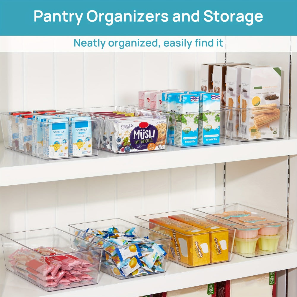 Clear Pantry Storage Bins Set of 8 with Dividers - Transparent Refrigerator Organizer Bins for Kitchen Cabinet, Pantry Organization, Snack Packet Spice Pouch Storage, 10.4" x 6.1" x 3.5"