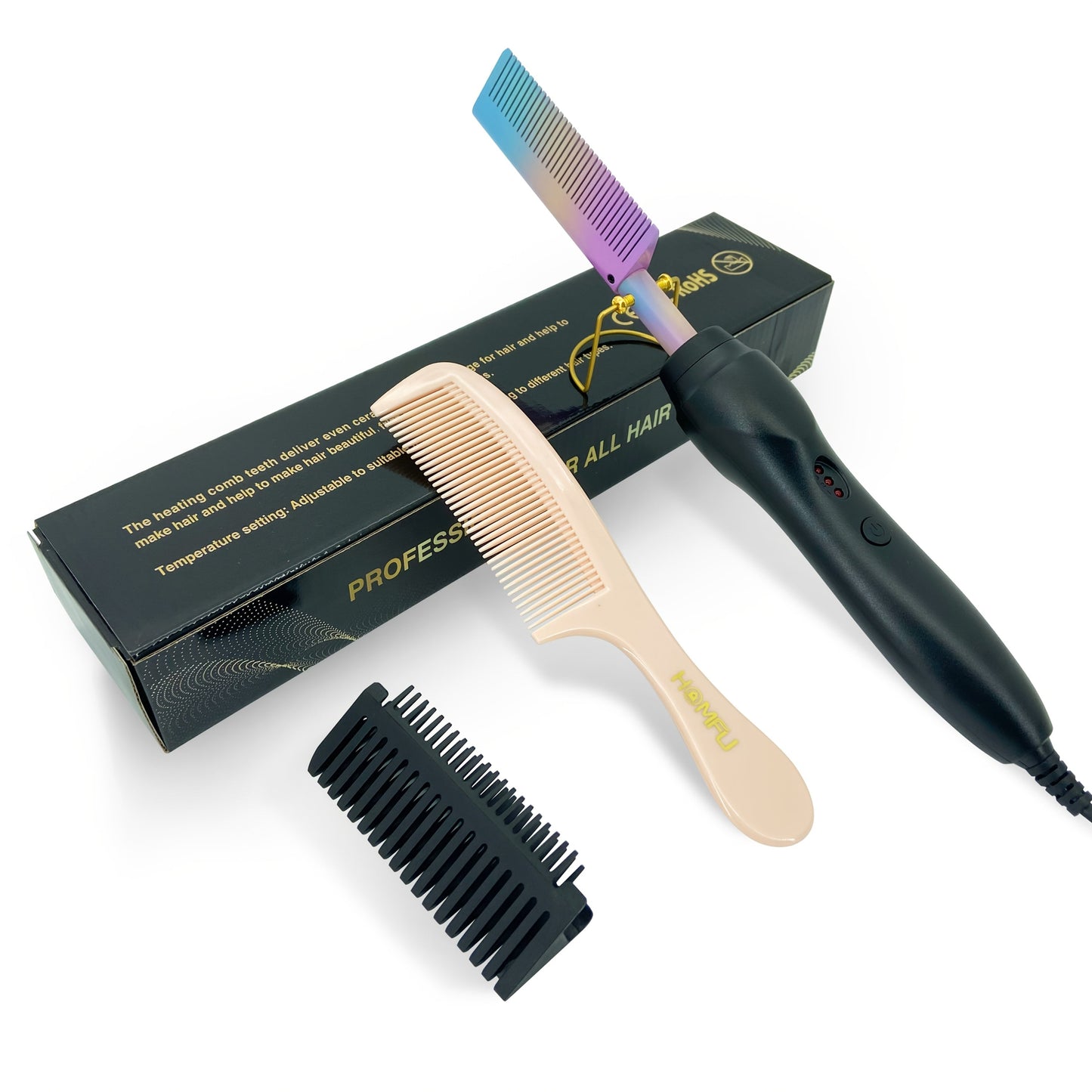 Electric Hot Comb Heated Beard Straightener Brush Fast Heating Anti-Scald Ceramic 2-in-1 Straightening Curling Comb for Men Women Natural Black Hair Wigs Portable Travel Styling Tool