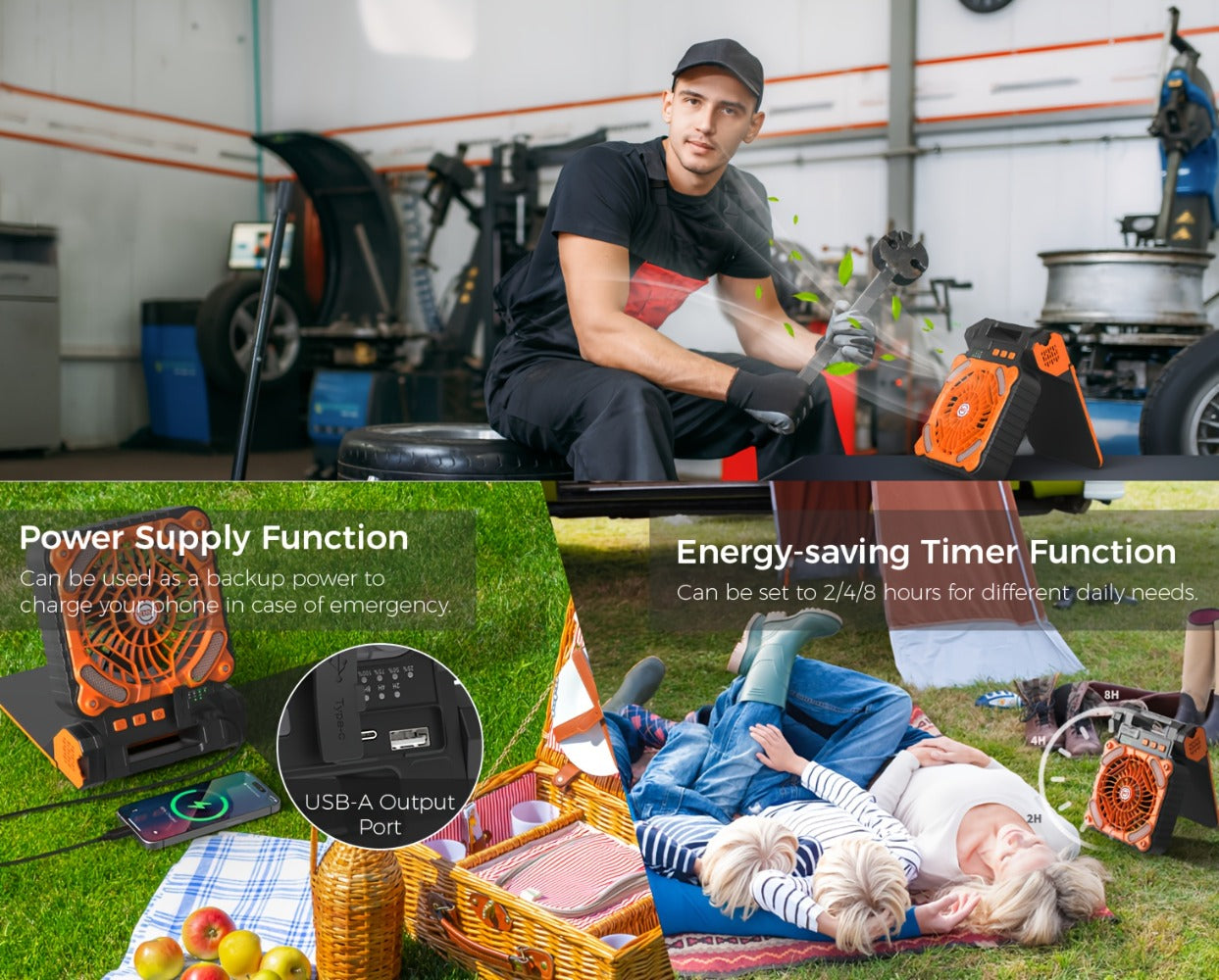 Solar Camping Fan and Light with Folding Panel, USB-C Input, Timer Controls and Three Color Options
