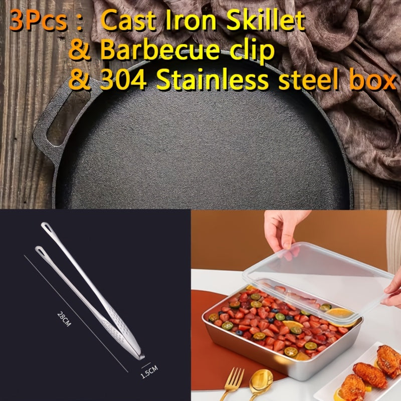 28cm Cast Iron Skillet Bundle with Barbecue Tongs and Optional 304 Stainless Steel Box in 2- or 3-Piece Sets
