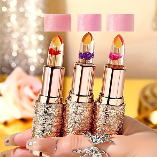 Color Changing Lip Gloss Set 3 Pcs — Temperature Magic Pink Tint Crystal Jelly Balm & Lipstick, Plant Squalane Moisturizing Hydrating Lip Makeup, Valentine's Day Christmas Birthday Gift for Women