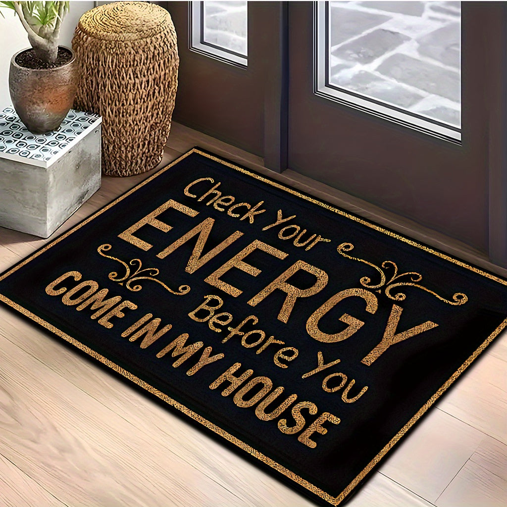 Anti-Slip Doormat Black Gold Lettering Check Energy Before Entry Non-Slip Rug 7mm Thick Indoor Floor Mat for Living Room Kitchen Bathroom Entryway