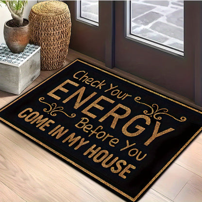 Anti-Slip Doormat Black Gold Lettering Check Energy Before Entry Non-Slip Rug 7mm Thick Indoor Floor Mat for Living Room Kitchen Bathroom Entryway