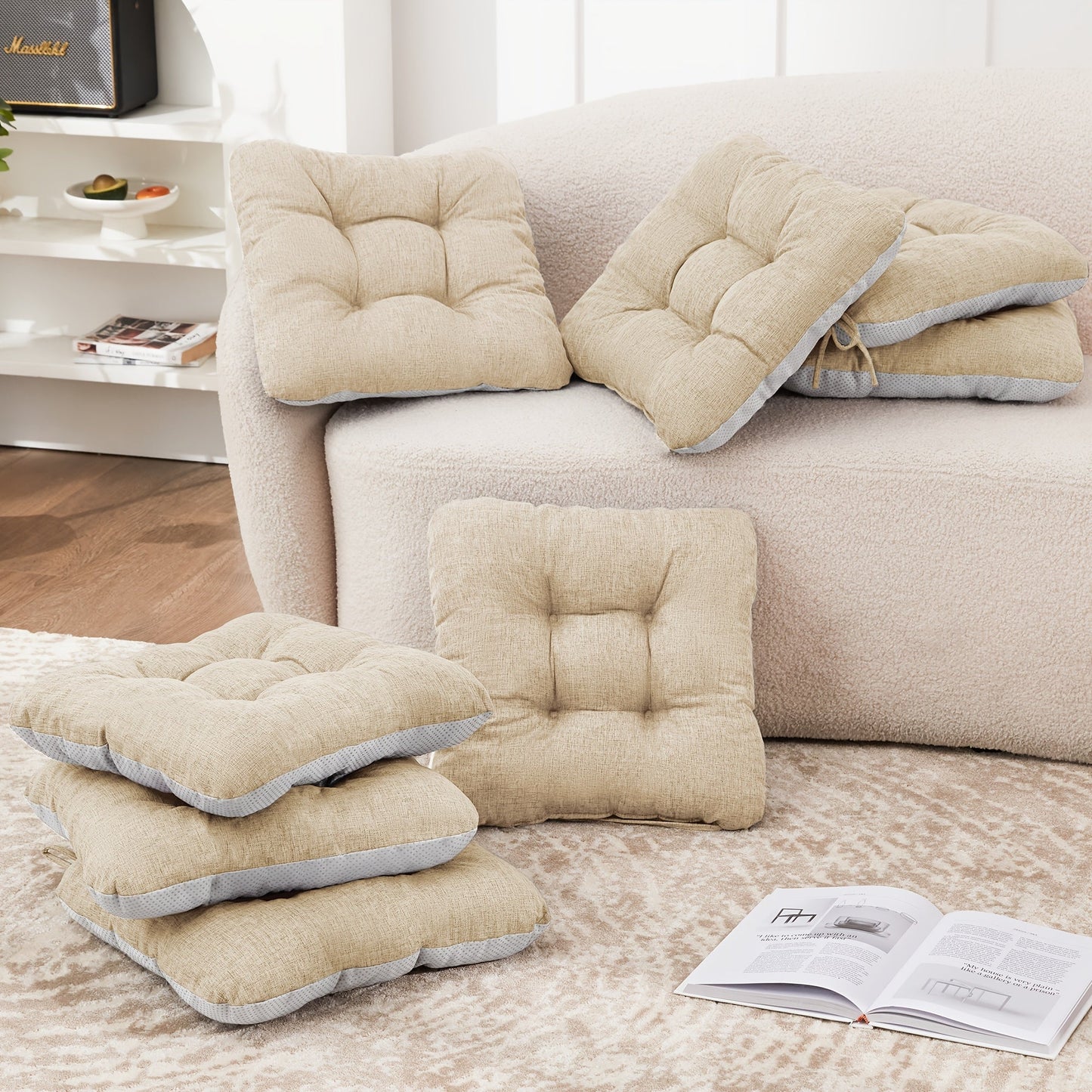 Tufted Chair Cushion Sets in 4- or 8-Piece Options with M/L Sizes, Tie Straps and 12 Color Choices