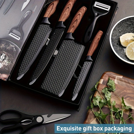 Kitchen Knife Set Professional Stainless Steel with Wooden Block – Hammer Textured Chef Knives, Self-Sharpening, Scissors Included, Gift Box Ready for Valentine's Day, Wedding & Housewarming