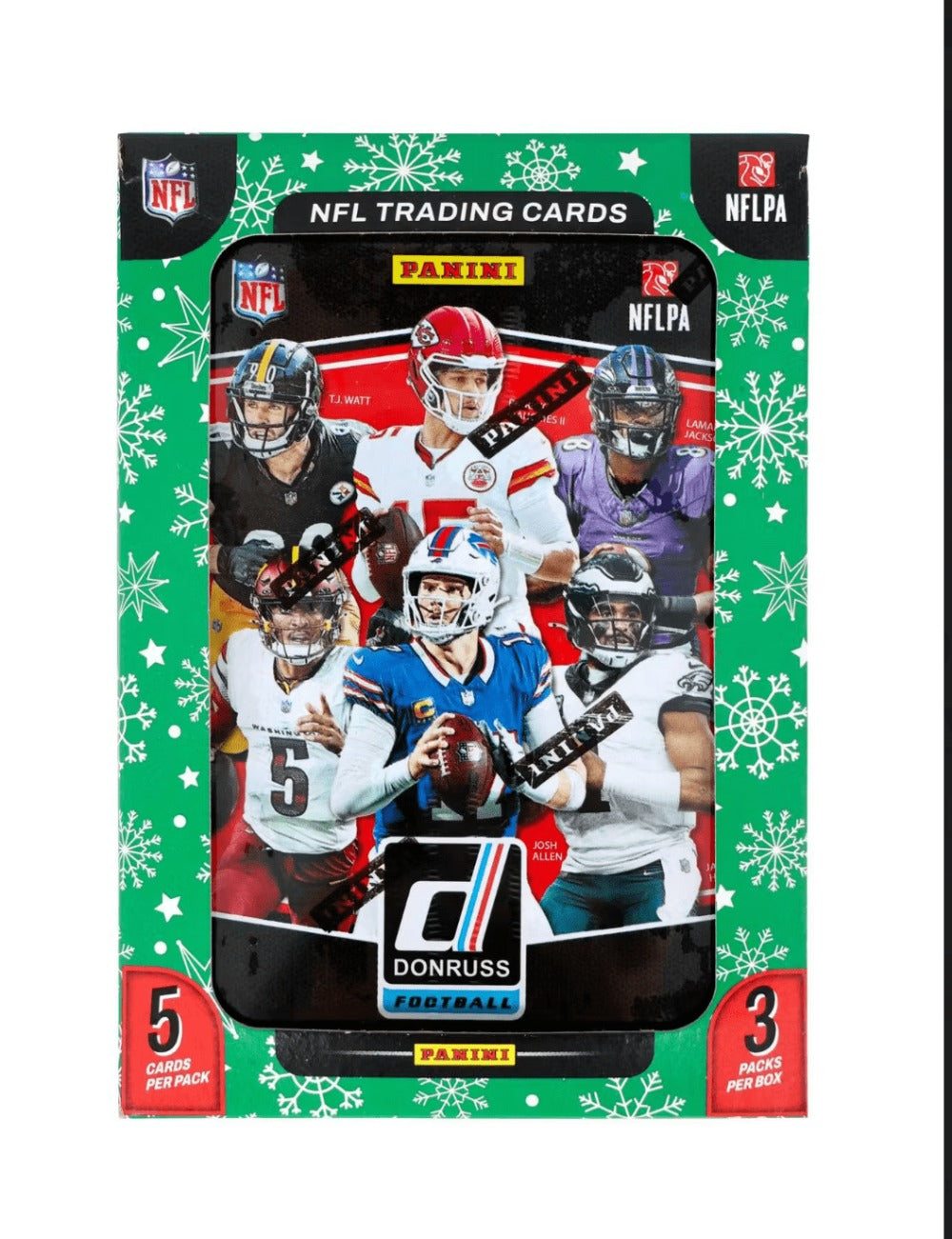Donruss Football Trading Card Holiday Tin and Jumbo Value Pack Bundle, 2025 with Three Press Proof Purple Cards