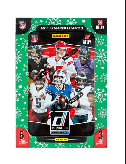 Donruss Football Trading Card Holiday Tin and Jumbo Value Pack Bundle, 2025 with Three Press Proof Purple Cards