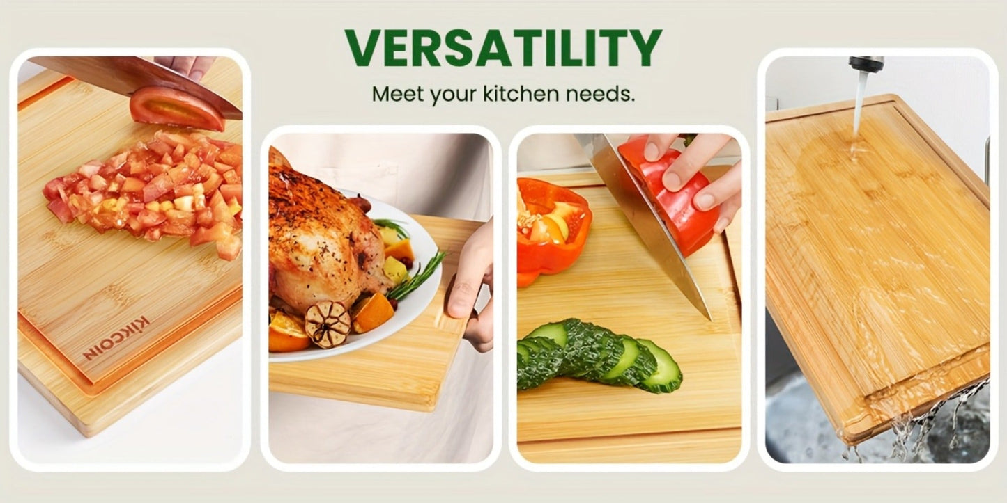 Four-Piece Bamboo Cutting Board Set with Graduated Sizes, Juice Grooves and Storage Rack Included