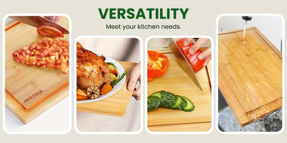Four-Piece Bamboo Cutting Board Set with Graduated Sizes, Juice Grooves and Storage Rack Included