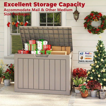 Wood-Grain Resin Deck Storage Box with Lockable Lid in Black or Light Brown Finish Options