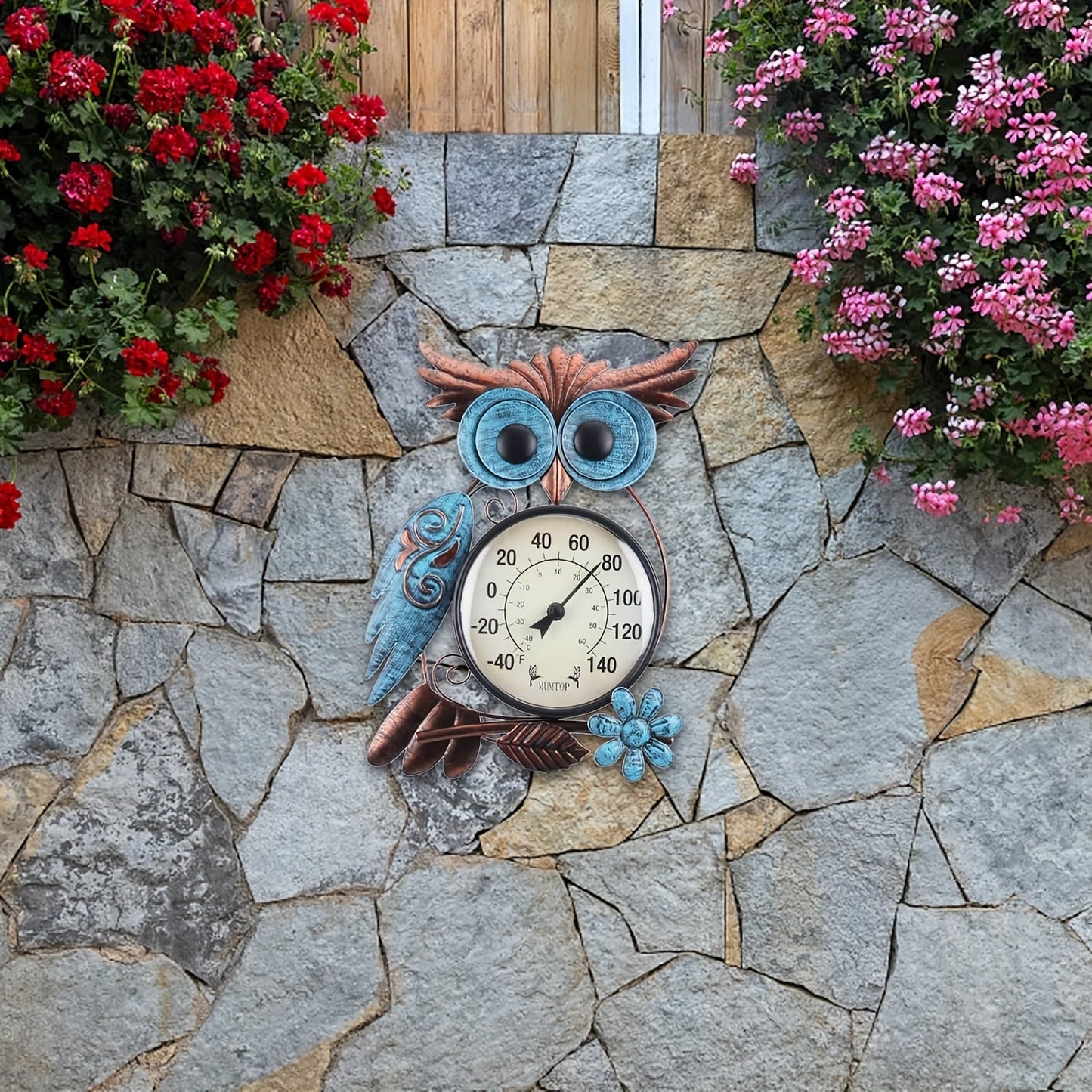 Owl-Shaped Analog Garden Thermometer with Wall Hook and Pictured 41.34-Inch Ground Stake Display Option