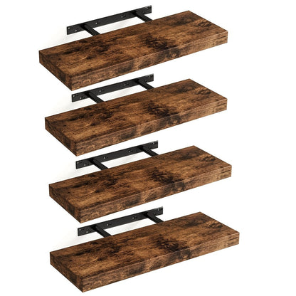 Floating Wall Shelves Set of 4, Retro Style Wall Mounted Shelves with Invisible Brackets for Bathroom Living Room Bedroom Kitchen, Brown Black White Gray Home Decor Display
