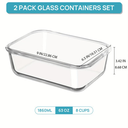 Borosilicate Glass Food Storage Containers 2-Pack 63oz 1860ml Large Airtight Snap Lid Meal Prep Baking Dish Microwave Oven Freezer Dishwasher Safe Green Gray