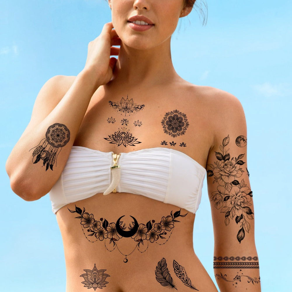 Large Temporary Tattoos for Women 60+ Pcs, 10 Realistic Waterproof Fake Tattoo Stickers for Chest Neck Underboob Arm Shoulder, Bold Body Art Designs for Festival Rave Pool Party Bachelorette Gift