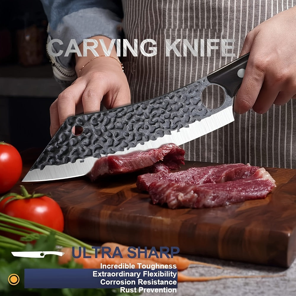 Wide 8-Inch Cleaver-Style Kitchen Knife with Finger Hole, Hammered-Look Blade and Wood-Tone Handle