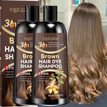 Brown Hair Dye Shampoo 2-Pack 3.38oz — Polygonum Multiflorum & Ginger Extract Covers Gray Hair, Deep Moisture Anti-Frizz Long-Lasting Natural Color, Plant-Based Unisex Hair Gift