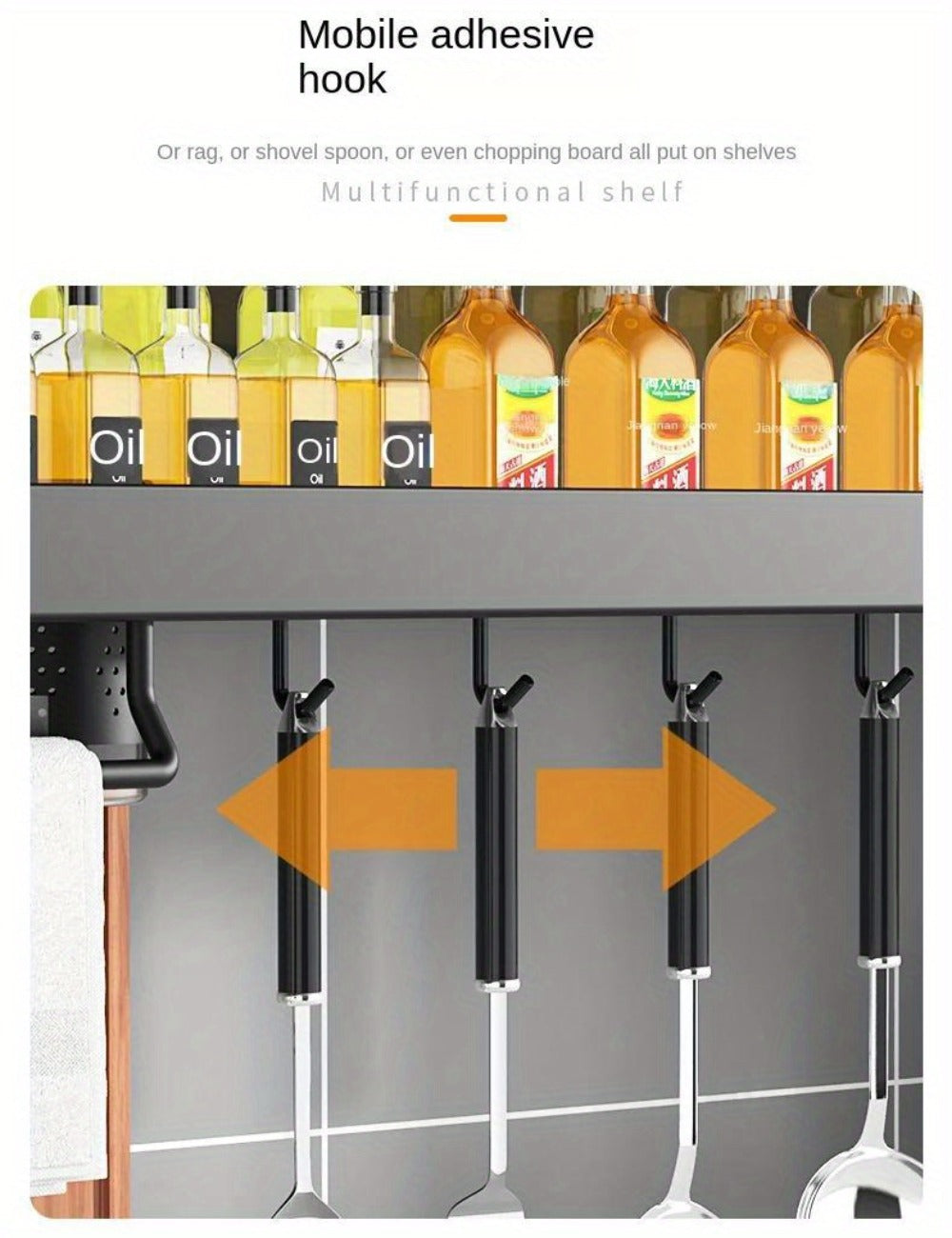 Kitchen Wall Mounted Storage Rack Double Layer – No-Drill Organizer with Knife Slots, Chopstick Holder & Towel Bar, Space-Saving Floating Shelf for Kitchen Counter, 19.69 Inch (Black)
