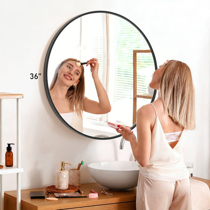 Round Wall Mirror Aluminum Alloy Frame – Modern Circle Mirror for Bedroom, Bathroom & Living Room, Tempered Glass, Black & Gold, 20in 28in 30in 36in
