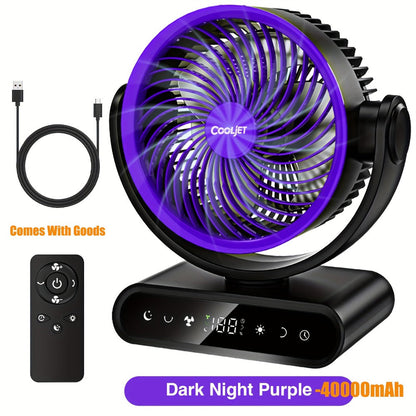 Camping Fan with LED Light Battery Powered 20000mAh 40000mAh 9-Inch 5-Speed Remote Control 90° Tilt 120° Oscillating Quiet Air Circulator for Outdoor Home