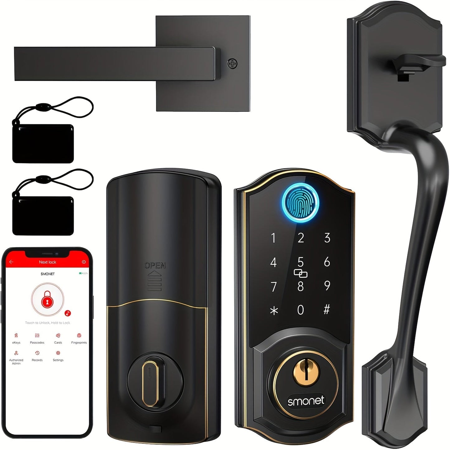Smart Door Lock SMONET Fingerprint Keypad Bluetooth Deadbolt Handle Set in Bronze Black or Silver