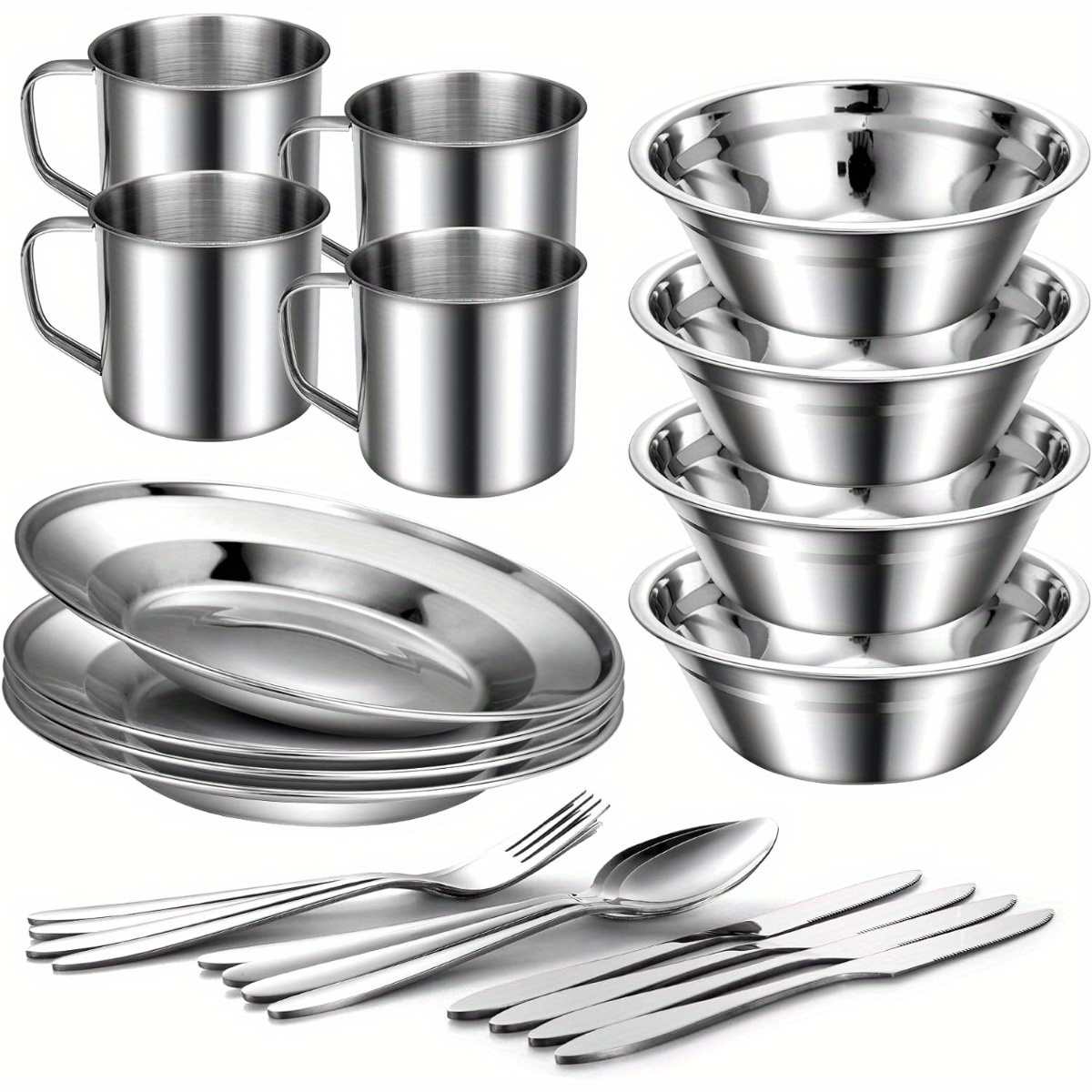 Stainless Steel Camping Mess Kit 29 Piece Dinnerware Set - Plates Bowls Mugs Cutlery, for Camping, Travel and Outdoor Use