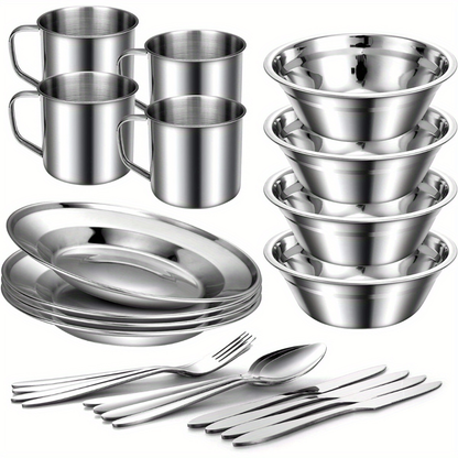 Stainless Steel Camping Mess Kit 29 Piece Dinnerware Set - Plates Bowls Mugs Cutlery, for Camping, Travel and Outdoor Use
