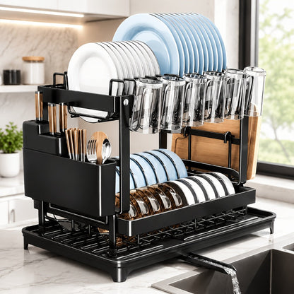 Two-Tier Dish Drying Rack with Drainboard - Metal Kitchen Dish Holder with Drainage for Countertop, Two-Level Dish Drainer for Plates, Cups & Utensils, Single or Double Layer, Black White Gray