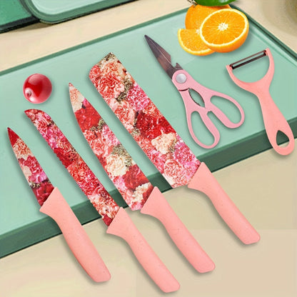 Kitchen Knife Set 6 Piece with Floral Pattern, High Carbon Stainless Steel Chef Knife Set with Ergonomic Handle, Sharp Meat Cleaver Bread Knife Scissors Peeler, Colorful Cooking Knife Gift Set for Women Men