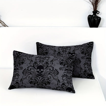 Gothic Skull Fitted Sheet Set 3-Piece – Victorian Baroque Halloween Bedding | 1 Deep Pocket Fitted Sheet + 2 Pillowcases | Machine Washable Hypoallergenic Polyester | Twin Full Queen King