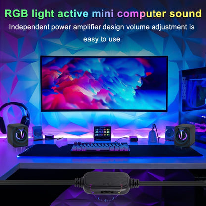 USB Powered Computer Speakers 2.0 Mini Stereo Desk Audio System with RGB Lights, Volume Control, 3.5mm AUX Input, HiFi Sound for PC, Laptop, Tablet & Phone — Plug and Play, No Driver Needed