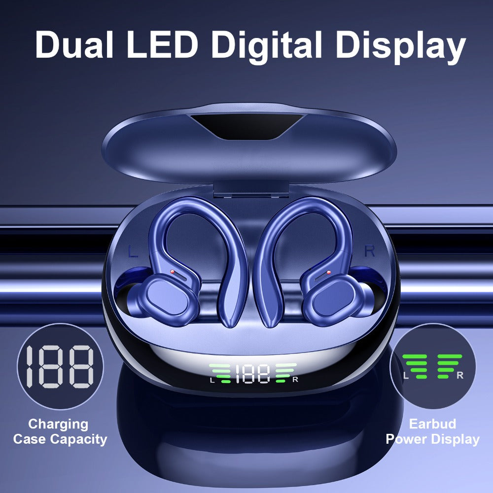 Wireless Earbuds Bluetooth 5.4 Sport Earhooks with LED Battery Display in Black, Red or Blue