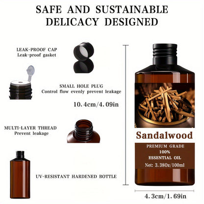 Essential Oil Sandalwood Aroma in 100ml Dropper Bottle for Diffuser, Massage and Meditation Use