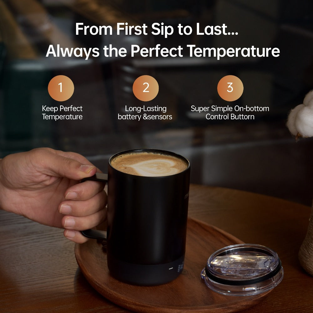 Black Powered Coffee Mug with Handle, Clear Lid, Bottom Display and USB-C Charging, 12-Ounce Label