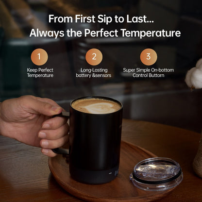 Black Powered Coffee Mug with Handle, Clear Lid, Bottom Display and USB-C Charging, 12-Ounce Label