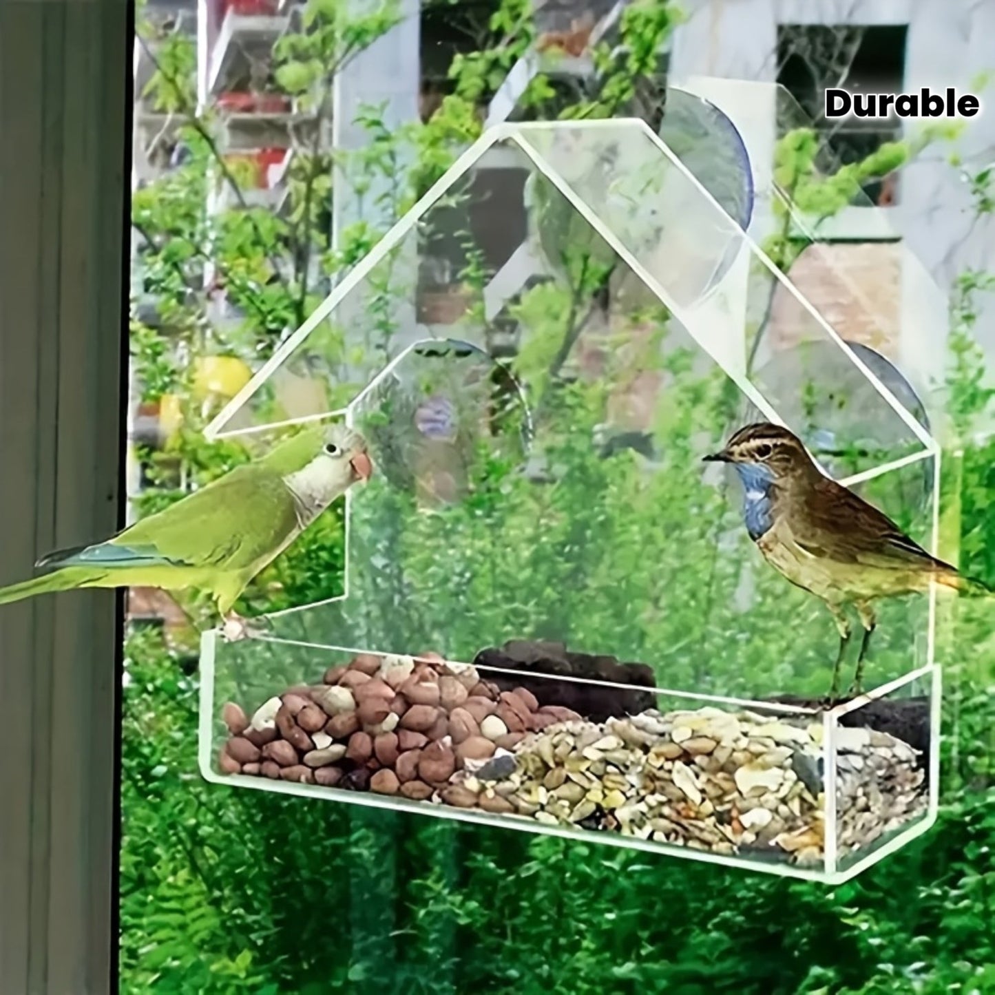Clear Window-Mount Bird Feeder with Suction Cups, Roofed Seed Tray and Transparent Single Checkout