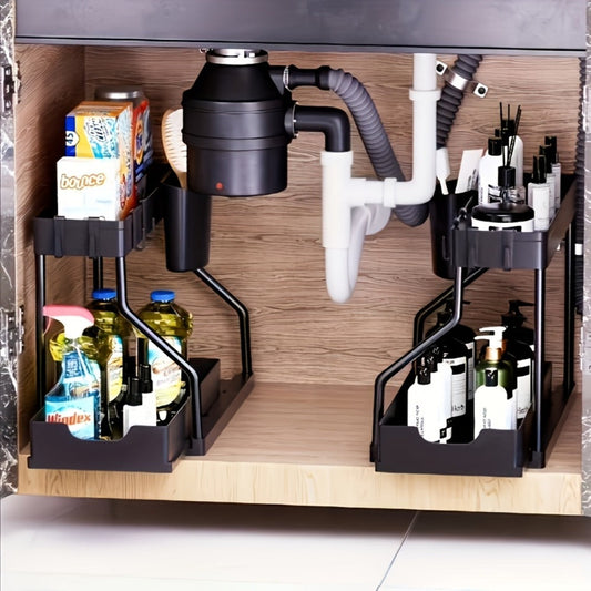 Under Sink Organizer 2-Tier Sliding Cabinet Basket with Hooks – Adjustable Bathroom Kitchen Shelf Storage Rack for Cabinets