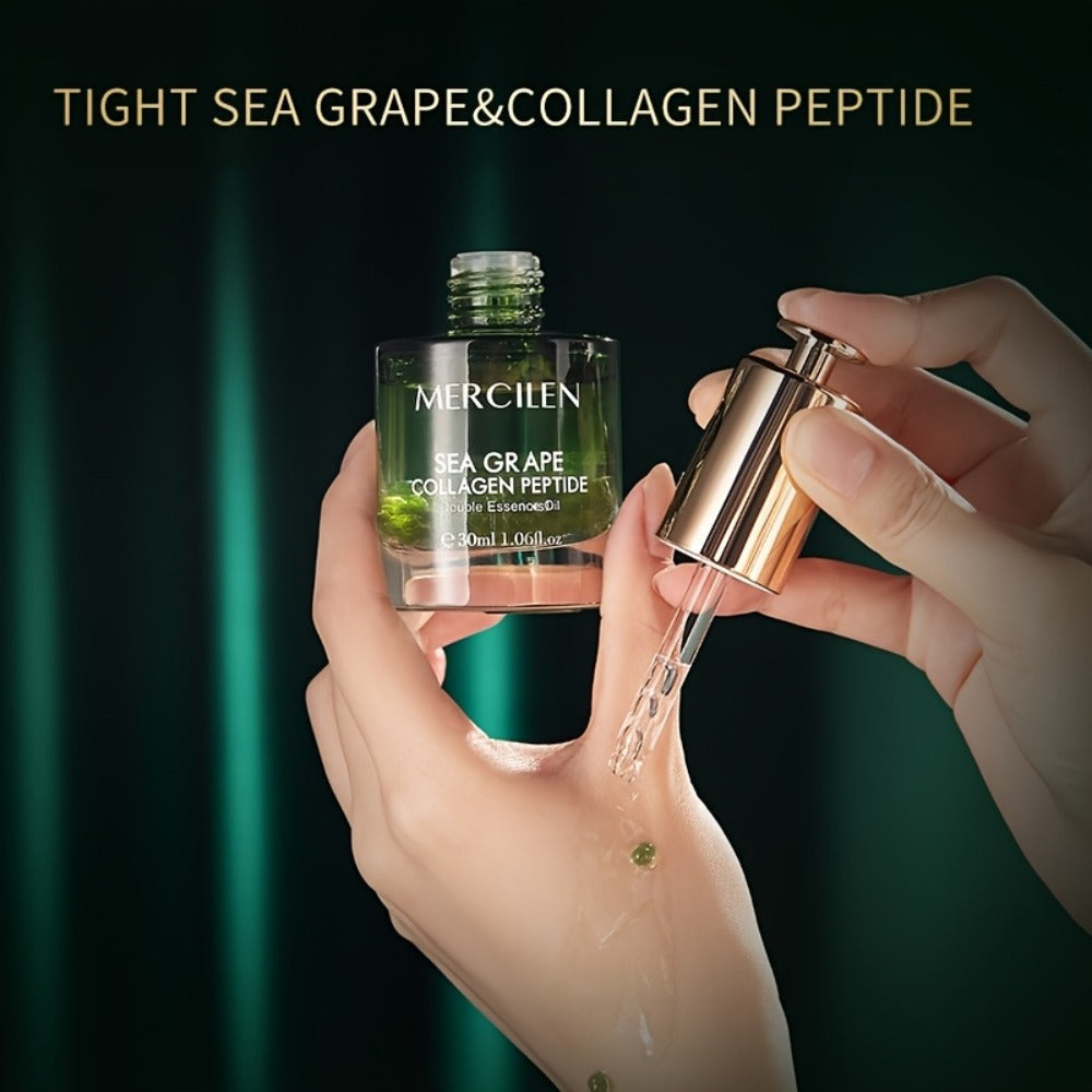 Face Serum Mercilen Sea Grape, Collagen Peptide and Squalane Essence Oil in a Green Pump Bottle