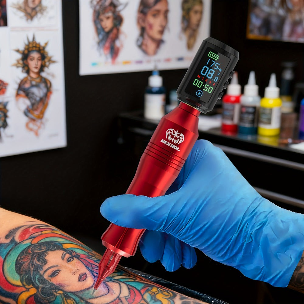 Wireless Rotary Tattoo Pen Kit LCD Display 8H Battery 10/20 Cartridge Needles Complete Cordless Tattoo Machine Set for Beginners & Professional Artists Black Red