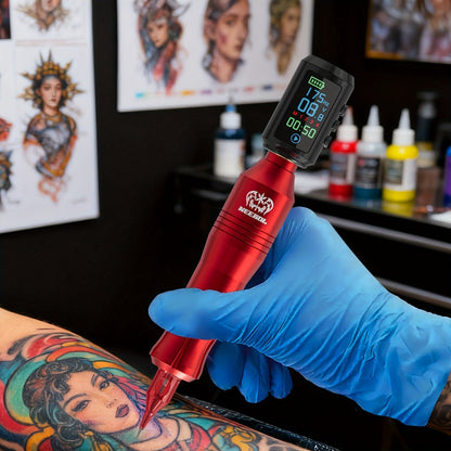 Wireless Rotary Tattoo Pen Kit LCD Display 8H Battery 10/20 Cartridge Needles Complete Cordless Tattoo Machine Set for Beginners & Professional Artists Black Red