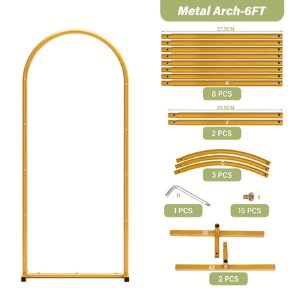 Three-Piece Gold Metal Arch Backdrop Set with 7.2FT, 6.6FT and 6FT Frames plus Seven Balloon Clips