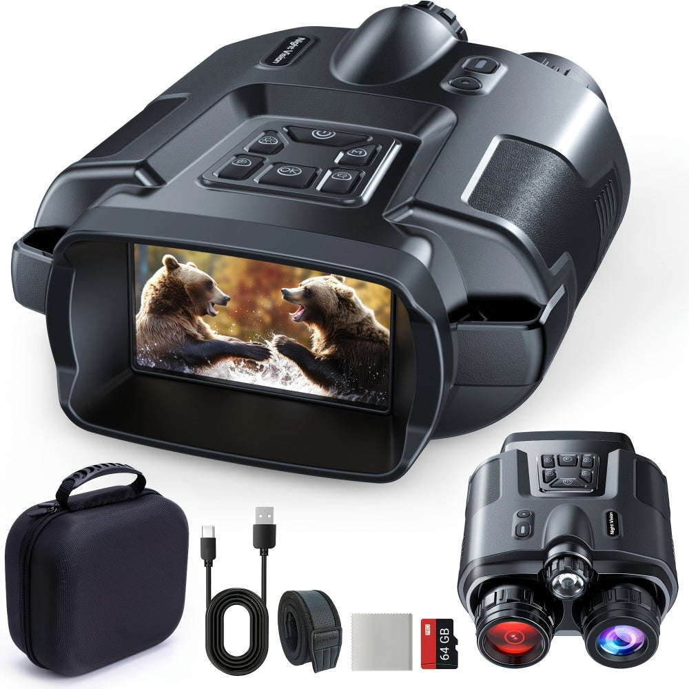Black 4K-Labeled Night Vision Binoculars with 3-Inch Screen, 8X Digital and 5X Optical Zoom, 64GB Card and Carry Case