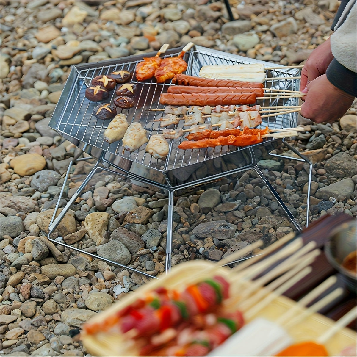 Hexagonal Folding Charcoal Grill with Stainless-Steel-Color Frame, Open Grid and Carry Bag for Outdoor Use