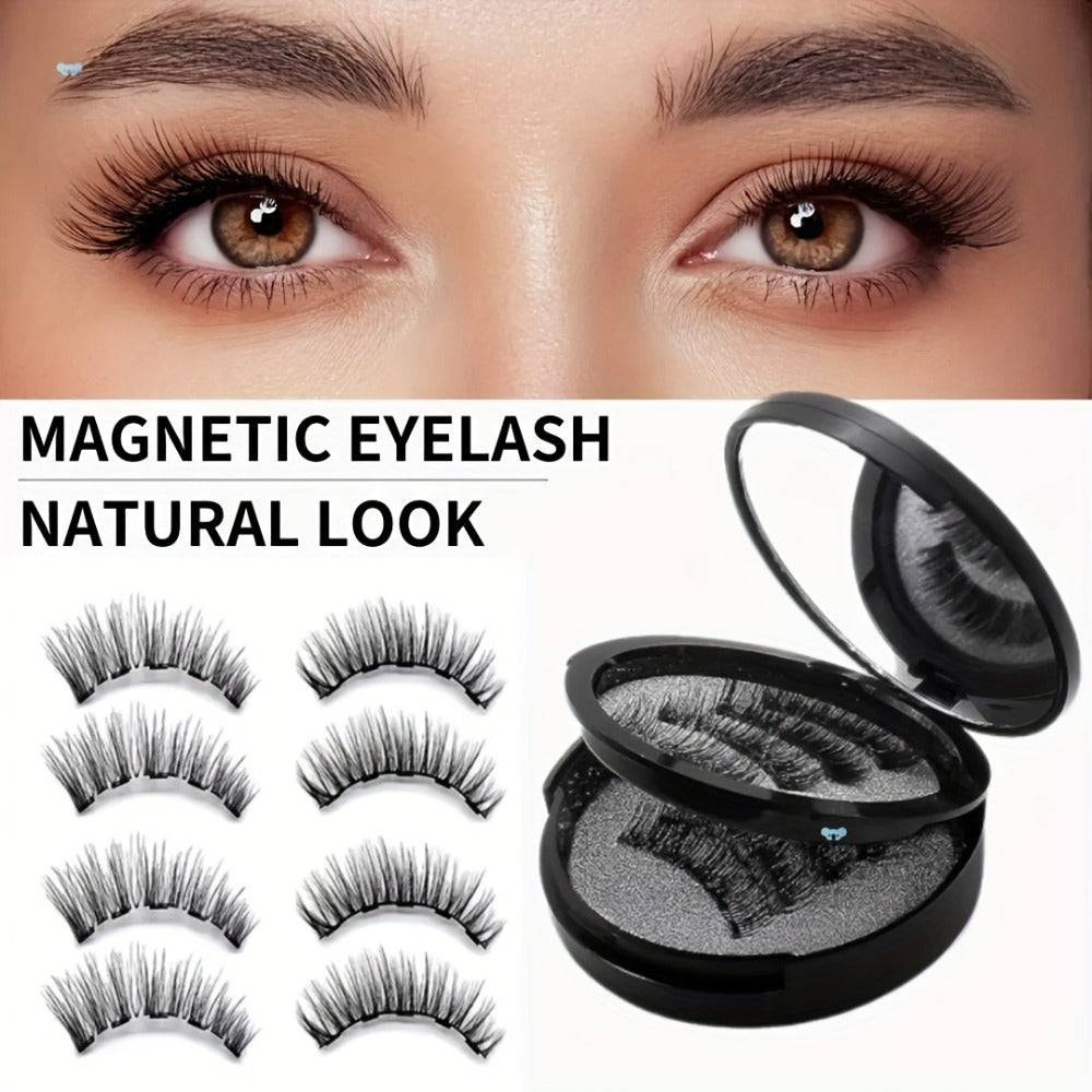 Magnetic False Eyelashes Kit with Eight Pairs, Round Storage Case and Metal Applicator Clip