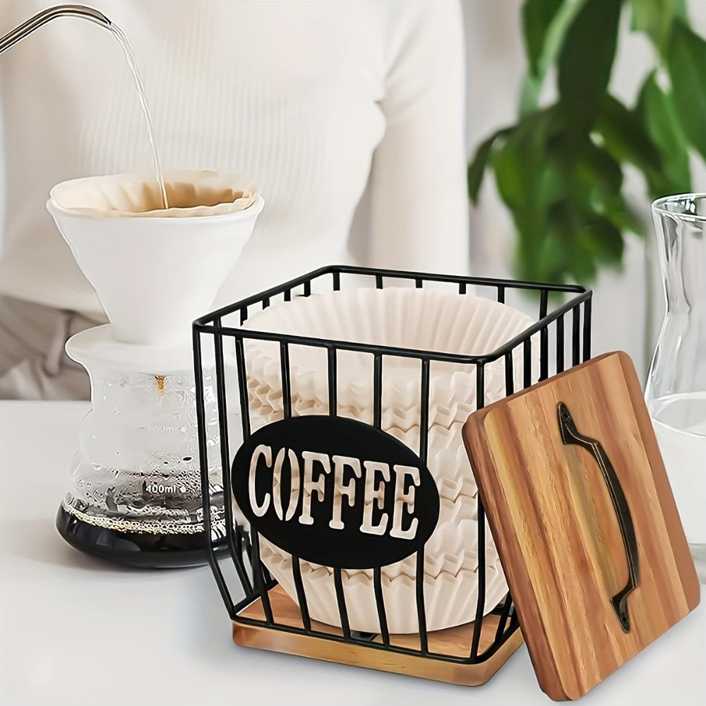 Square Metal Coffee Pod and Filter Storage Basket with Wood Lid and Base, Black Finish and Two Label Options