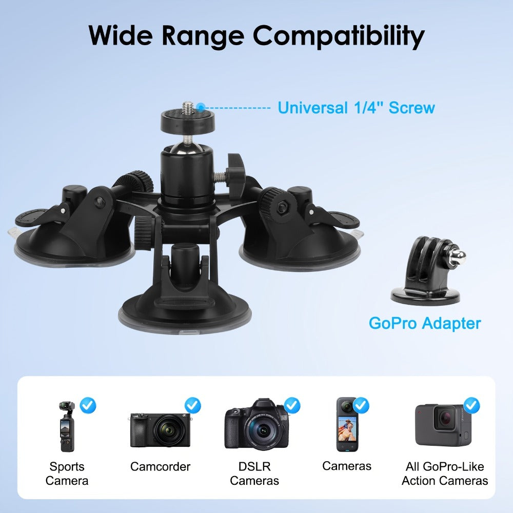 Three-Base Suction Cup Camera Mount with 360-Degree Ball Head and Quick-Release Holder for Camera Setups